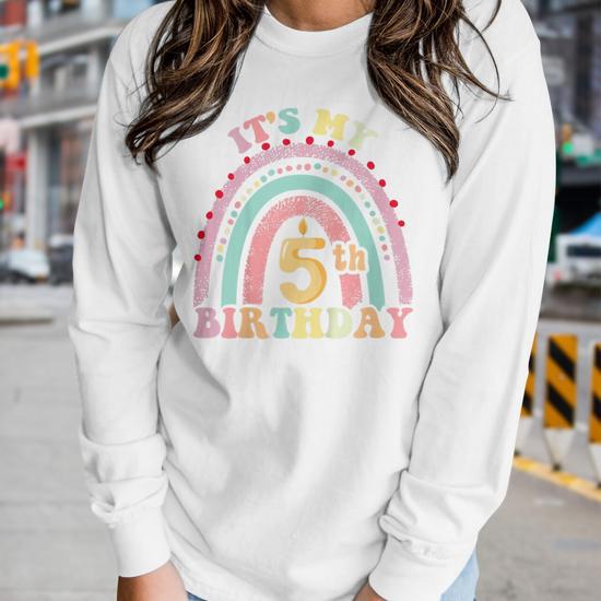 Kids 5 Years Old Birthday Girl Rainbow For Girls 5Th Birthday Women Long Sleeve T shirt Mazezy