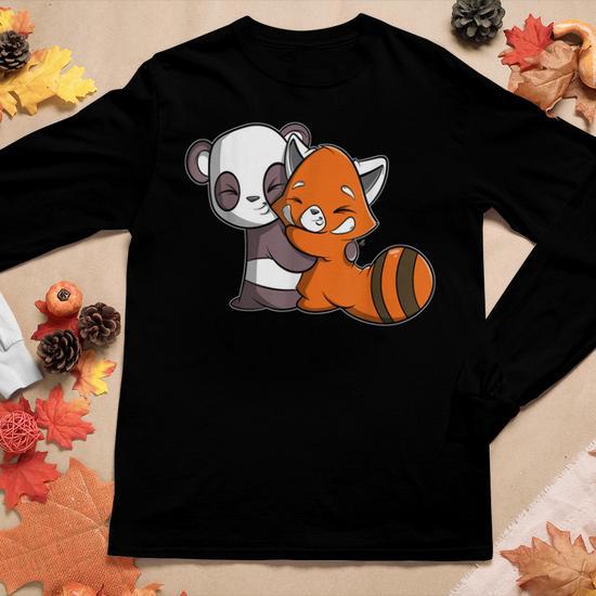 Cute Kawaii Panda Hugging Red Panda Women Graphic Long Sleeve T