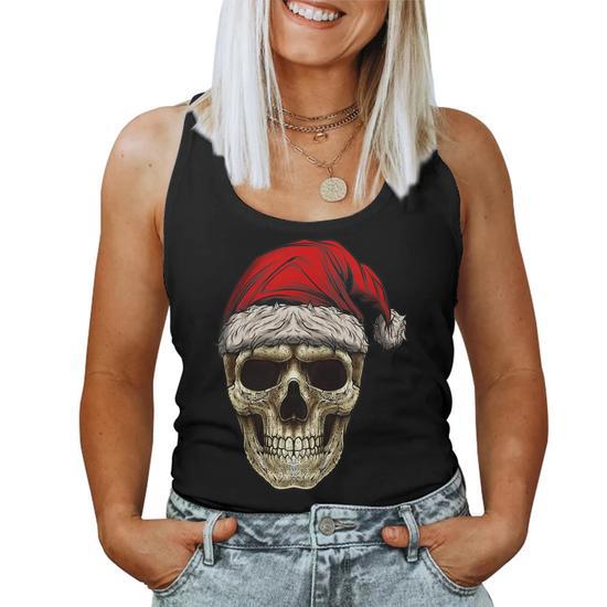 Santa Hat Sugar Skull Day Of The Dead Christmas Skull Women Tank Top Mazezy DE