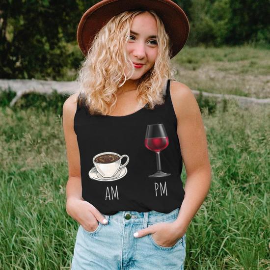 Morning Coffee Wine In The Evening Latte Am Wine Pm Funny Women Tank Top Basic Casual Daily Weekend Graphic Seseable UK