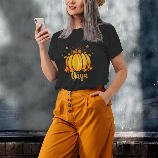Women's Funny Fall Thankful T-Shirt - Pumpkin Leaves Graphic Tee, Short Sleeve, Casual Thanksgiving Top
