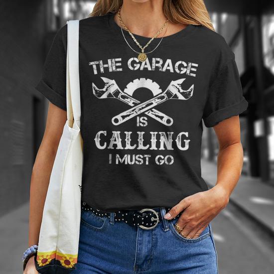 The Garage Is Calling I Must Go Funny Mechanic Mens Unisex T-Shirt