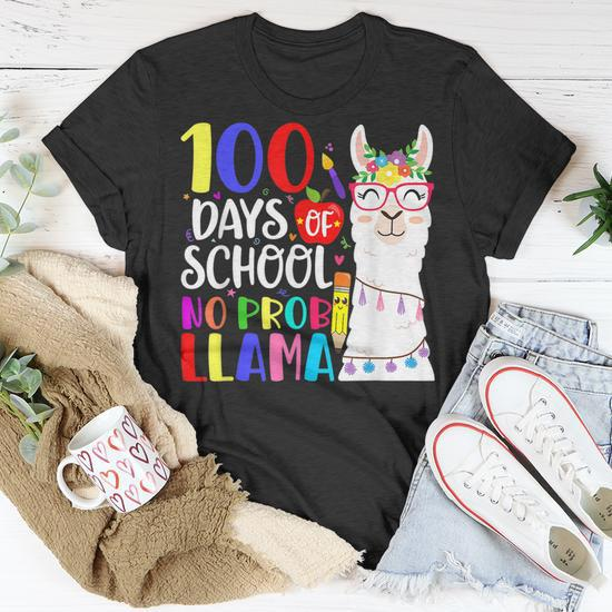 100 Days Of School No Prob Llama Llama Teacher 100Th Day V2 T Shirt Seseable UK