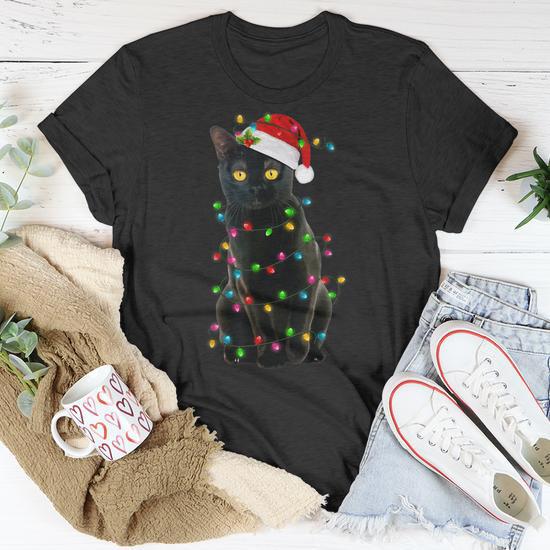 Black Cat Christmas With Santa Hat Lights Pajama Cat Lovers T shirt Seseable UK