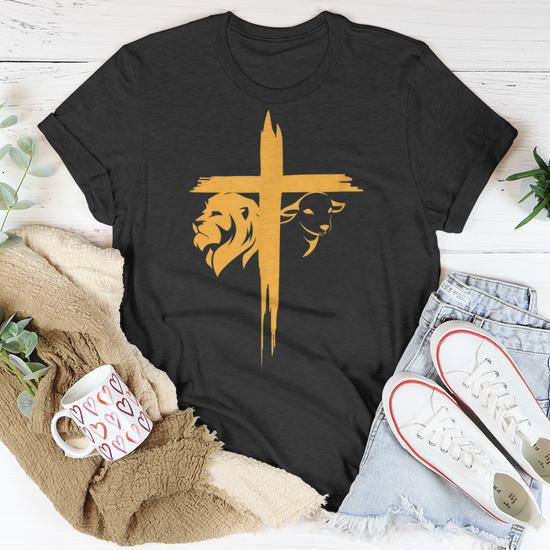 Lion And Lamb Cross Christian T-Shirt - Seseable