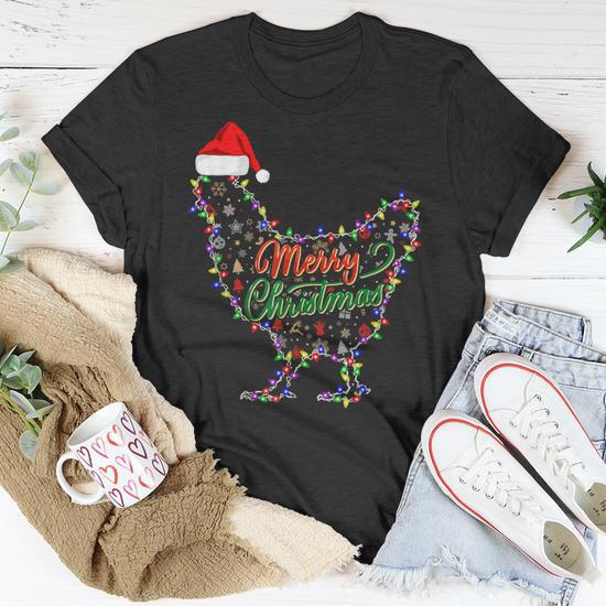Funny Christmas Chicken T-Shirt For Women - Novelty Holiday Top With Chicken & Christmas Lights Design