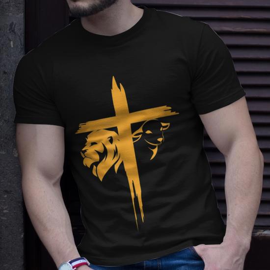 Lion And Lamb Cross Christian T-Shirt - Seseable