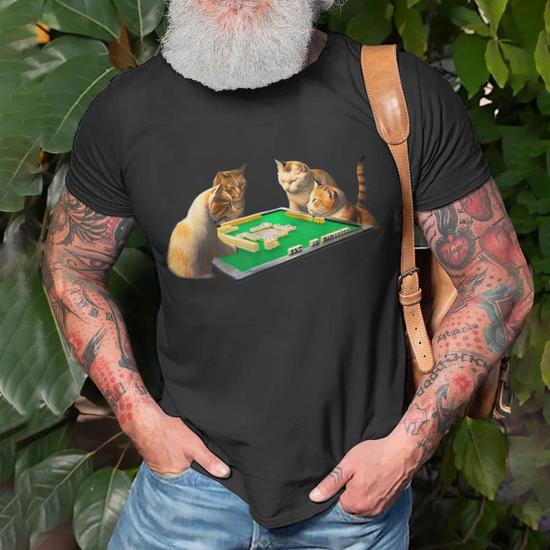 T-shirt Cats Playing Mahjong – Tableau Félin Et Tuiles De Mahjong, Coton – Cadeau Original