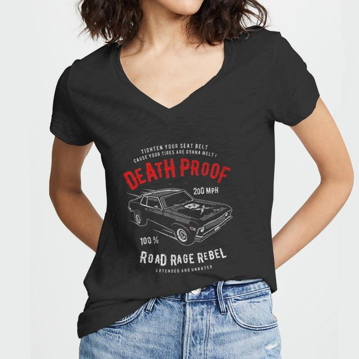 Death Proof Distressed Muscle Car Racing Vintage Skull Lightning Bolts Women V-Neck T-Shirt
