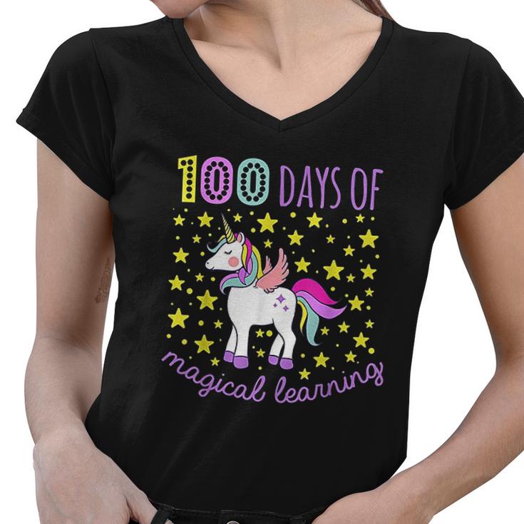 Adorable 100 Days Of Magical Learning School Unicorn Women V-Neck T-Shirt