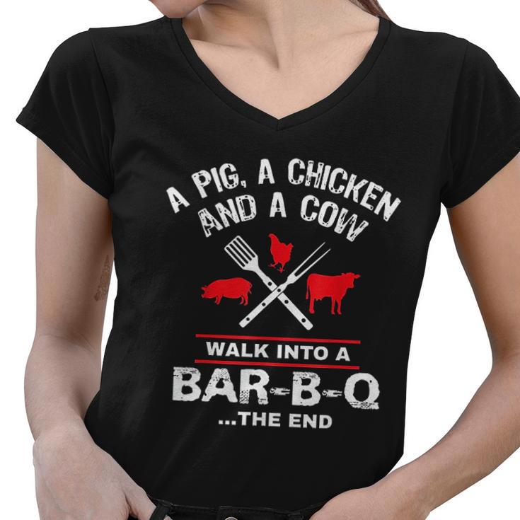 A Pig Chicken Cow Walk Into A Bar Funny Bbq Grilling Women V-Neck T-Shirt