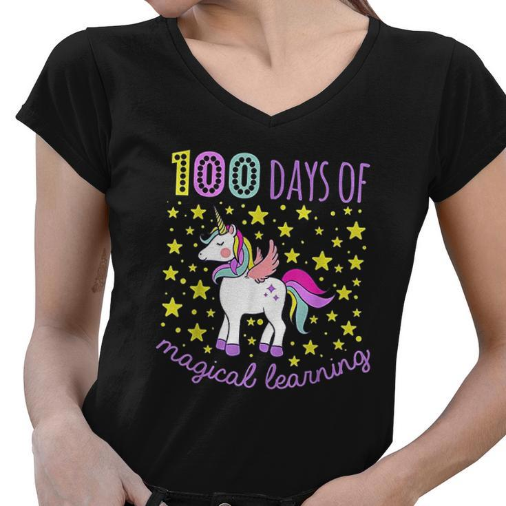 Adorable 100 Days Of Magical Learning School Unicorn Women V-Neck T-Shirt - Thegiftio
