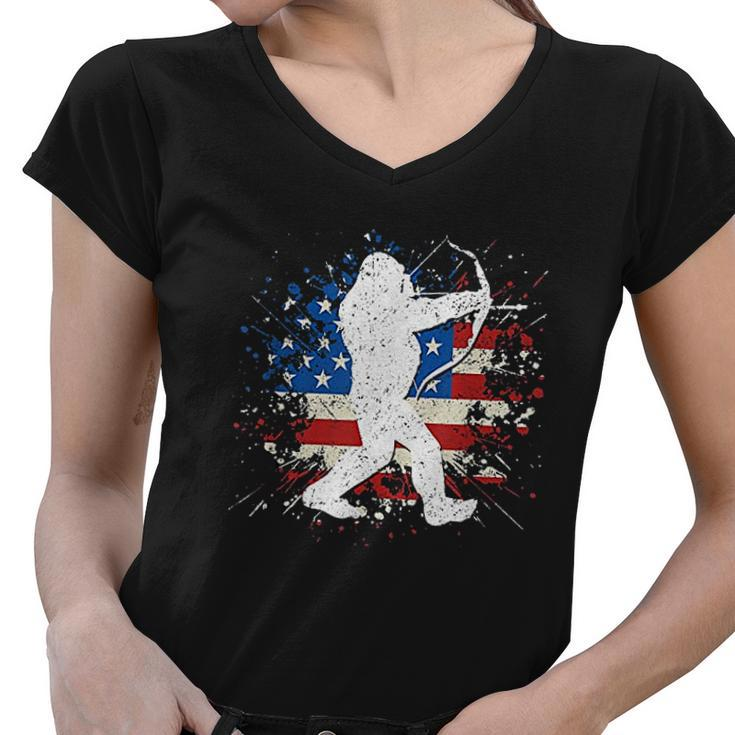 Bigfoot Bow Hunting Archery American Flag Sasquatch Women V-Neck T-Shirt
