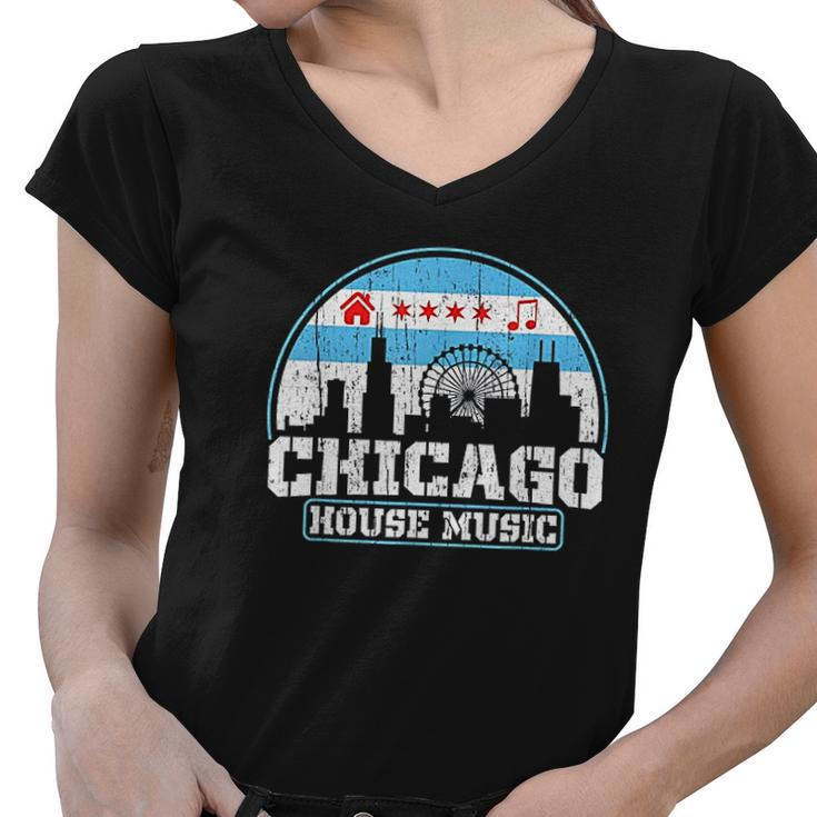 Chicago House Music Vintage Skyline Dj Gift V2 Women V-Neck T-Shirt