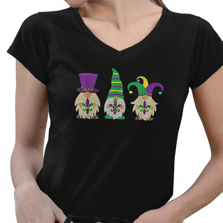 Mardi Gras Three Gnomes Funny Purple And Gold Festival Gnomes Women V-Neck T-Shirt