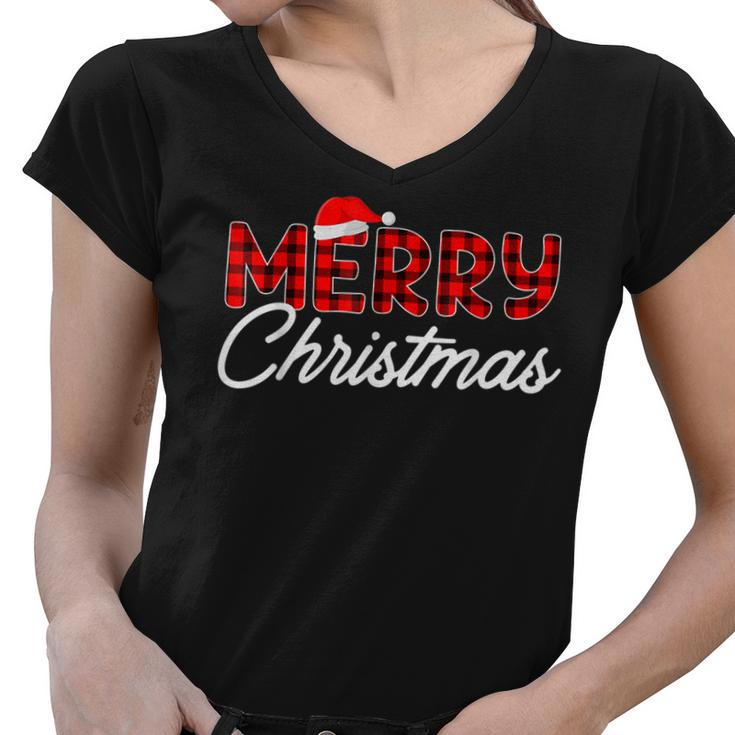 Merry Christmas Buffalo Plaid Red Santa Hat Xmas Pajamas  V2 Women V-Neck T-Shirt