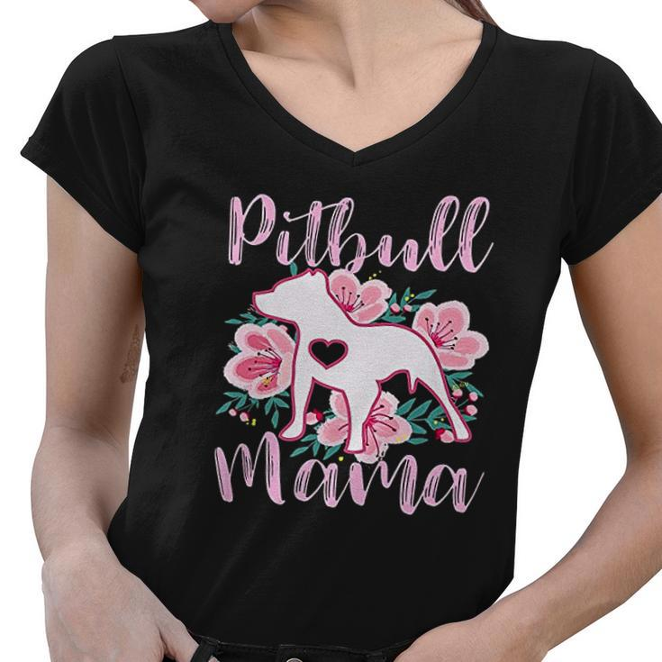 Pitbull Mama Pink Flowers Cute Pit Bull Pretty Mom Gift Women V-Neck T-Shirt