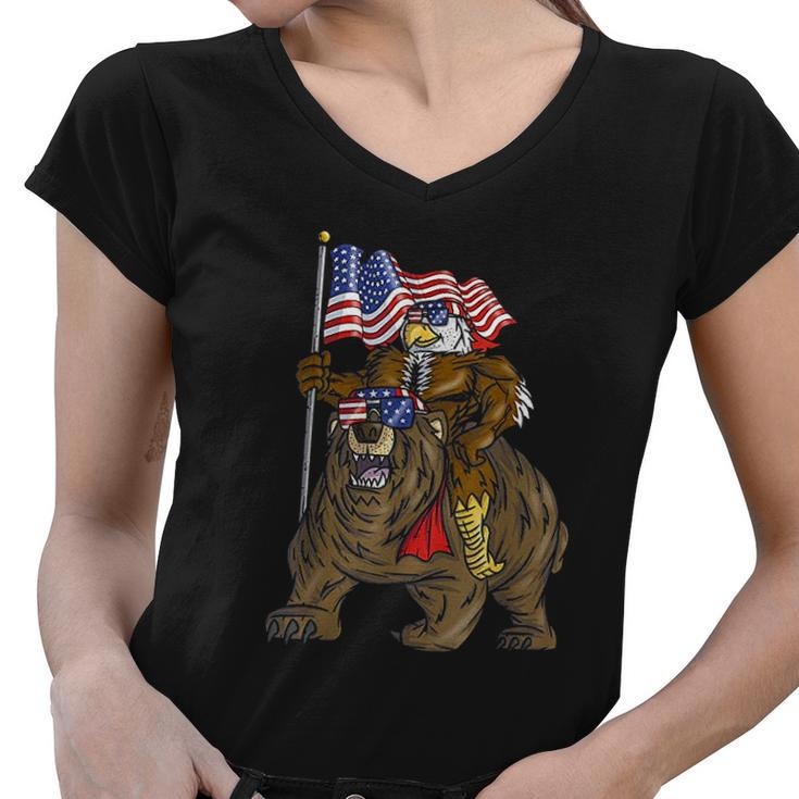 Proud American Bald Eagle Bear 4Th July Flag Christmas Gift Women V-Neck T-Shirt