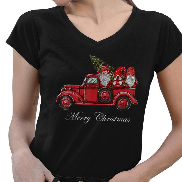 Three Gnomes In Red Truck With Merry Christmas Tree Women V-Neck T-Shirt