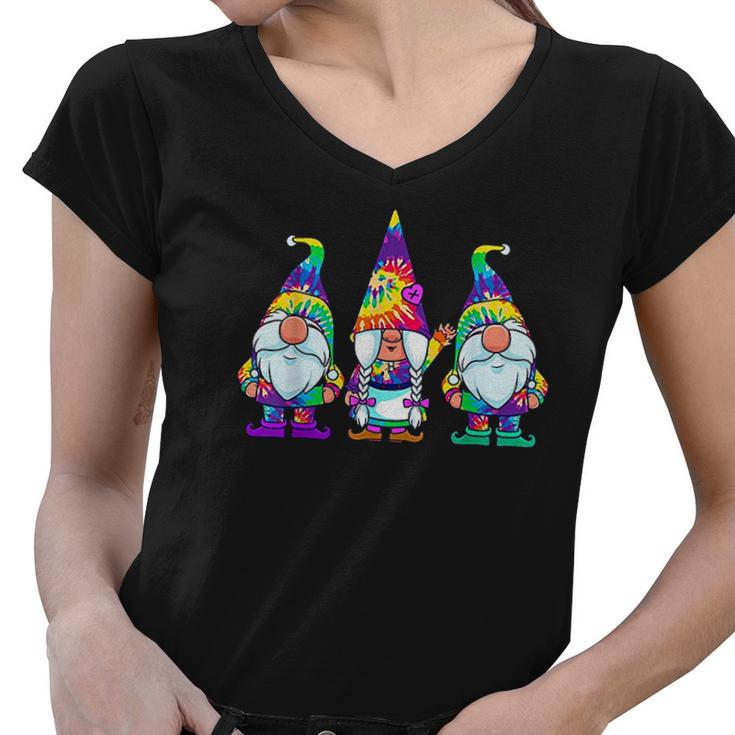 Three Hippie Gnomes Tie Dye Retro Vintage Hat Peace Gnome Women V-Neck T-Shirt