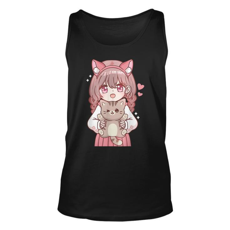 Anime Girl With Cat Kawaii Cat Lover Otaku  Unisex Tank Top
