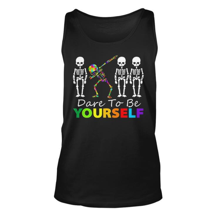 Skeleton Dabbing Dare To Be Yourself  Funny Autism Unisex Tank Top