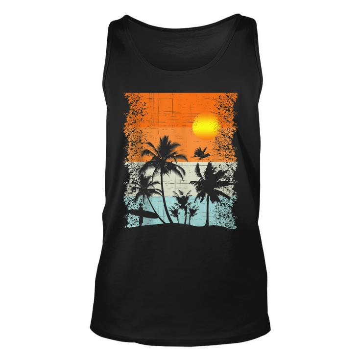 Summer Vacation Surfers At Beach Palm Trees Retro Vintage  Unisex Tank Top