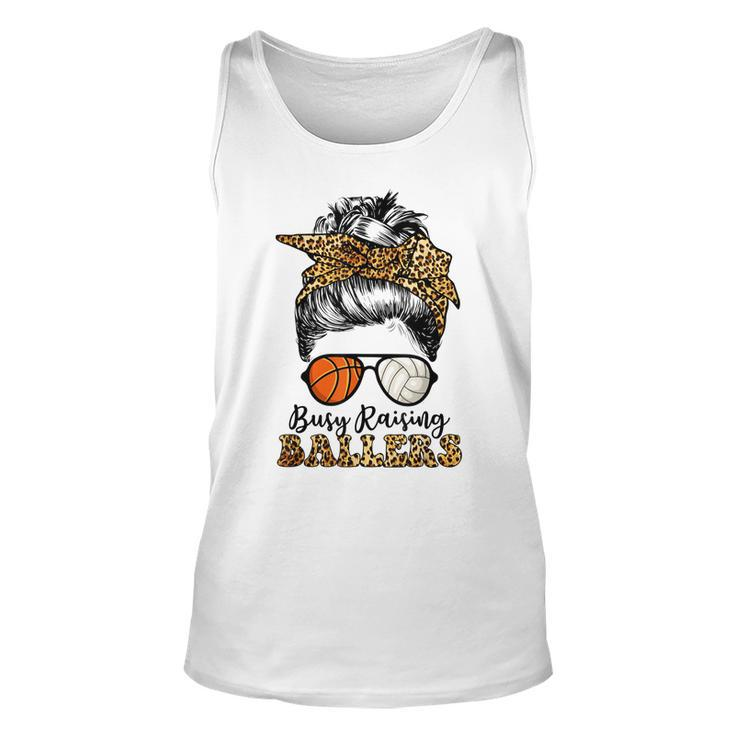 Busy Raising Ballers Basketball And Volleyball Mom Messy Bun Tank Top