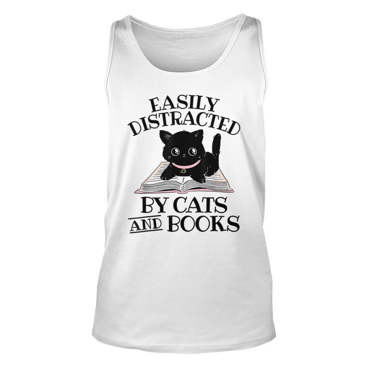 Easily Distracted By Cats And Books Black Cat Book Lover  Unisex Tank Top