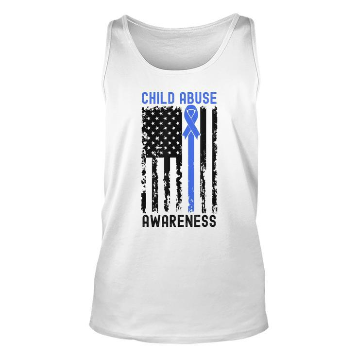 Stop Child Abuse Awareness Blue Ribbon American Flag  Unisex Tank Top