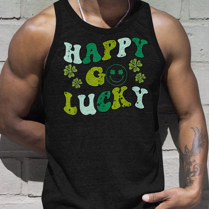 St Patricks Day Happy Go Lucky Shamrock Irish Retro Groovy  Unisex Tank Top