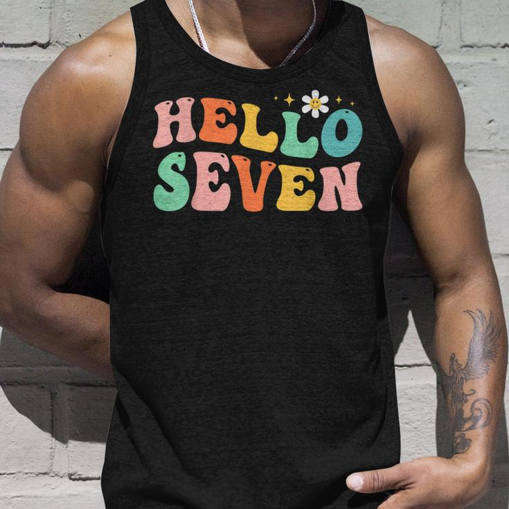Hello Seven 7 Year Old 7Th Birthday Girl Age 7 Bday Groovy Unisex Tank Top Gifts for Him