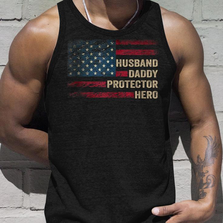 Husband Daddy Protector Hero Distressed Usa Flag Fathers Day Unisex Tank Top Gifts for Him