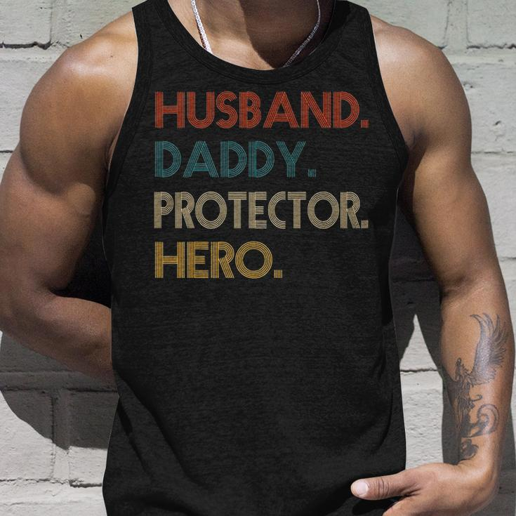 Mens Husband Daddy Protector Hero Fathers Day Gift Dad Son Unisex Tank Top Gifts for Him