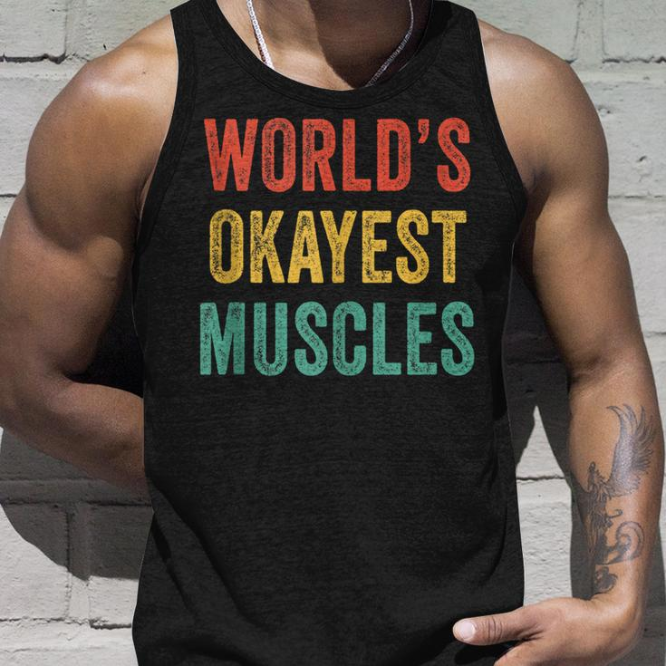 Worlds Okayest Muscles Gym Fathers Day Dad Vintage Retro Unisex Tank Top Gifts for Him