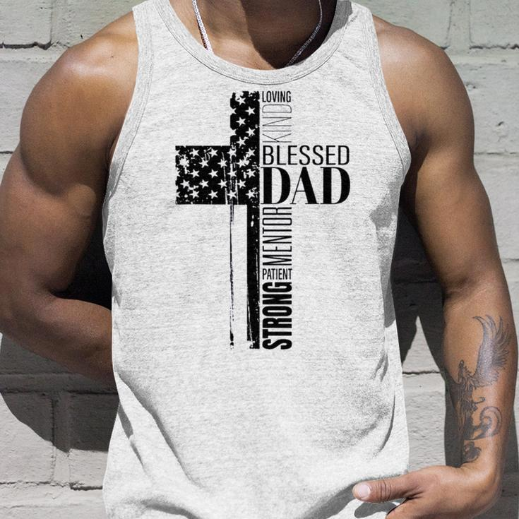 Cool Christian Blessed Dad Cross American Flag Fathers Day Unisex Tank Top Gifts for Him