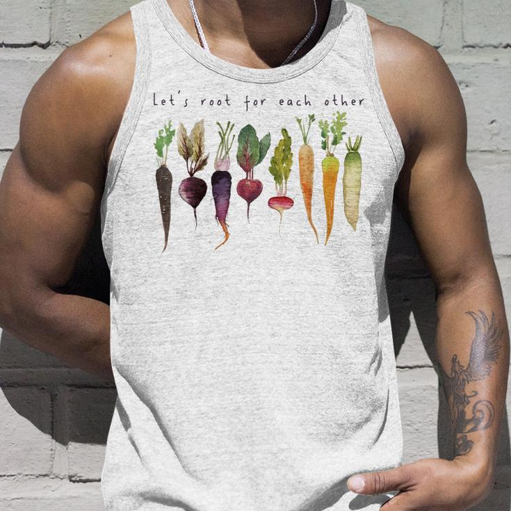 Retro Lets Root For Each Other Cute Veggie Funny Vegan Unisex Tank Top Gifts for Him