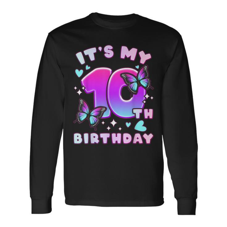 10Th Birthday Girl 10 Years Butterflies And Number 10 Long Sleeve T-Shirt