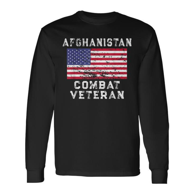 Afghanistan Combat Veteran - Vintage Us Flag  Men Women Long Sleeve T-shirt Graphic Print Unisex