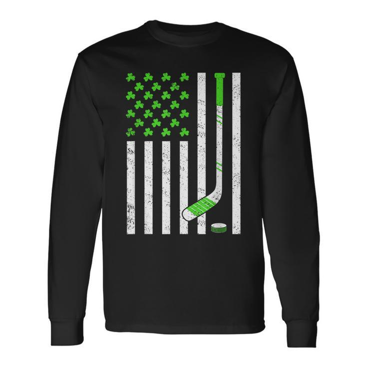American Flag Irish Hockey Shamrock St Patricks Day Long Sleeve T-Shirt