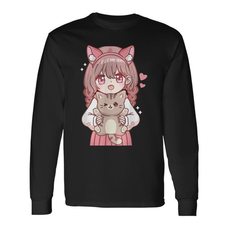 Anime Girl With Cat Kawaii Cat Lover Otaku Long Sleeve T-Shirt T-Shirt