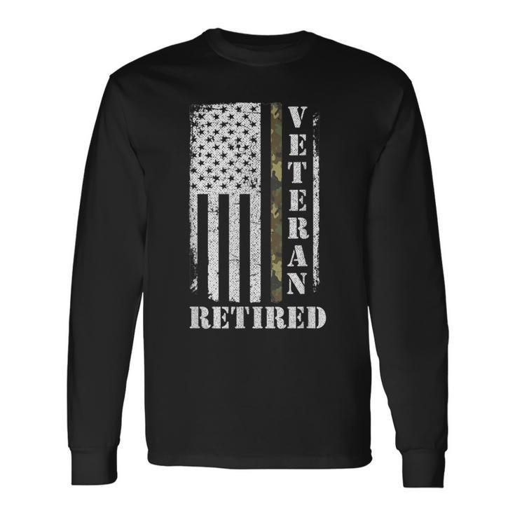 Army Veteran Retired American Flag Camo Proud Army Veteran Men Women Long Sleeve T-shirt Graphic Print Unisex Gifts ideas