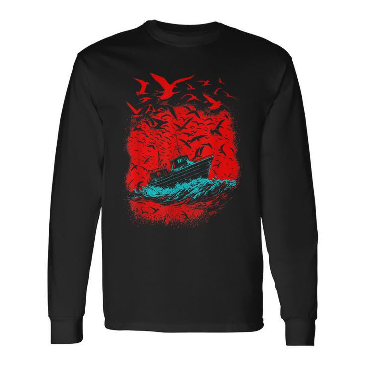 Art Birds And Boat In Ocean Under Red Sky Long Sleeve T-Shirt
