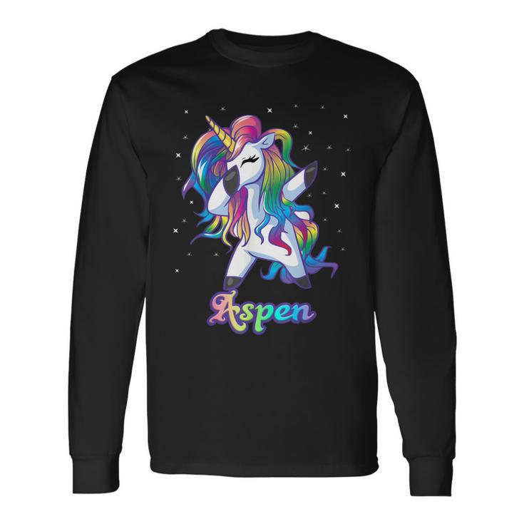 Aspen Name Personalized Custom Rainbow Unicorn Dabbing Men Women Long Sleeve T-Shirt T-shirt Graphic Print