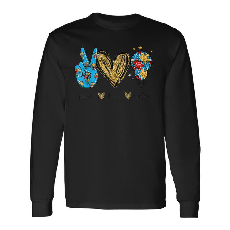 Autism Awareness Day Peace Love Autism Puzzle Ribbon Long Sleeve T-Shirt