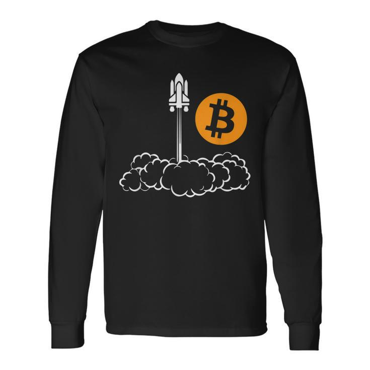 Bitcoin To The Moon Rocket Space Shuttle Hodl Pun Long Sleeve T-Shirt