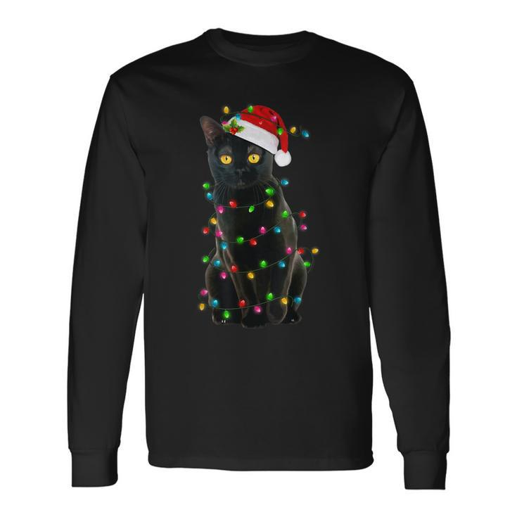 Black Cat Christmas With Santa Hat Lights Pajama Cat Lovers  Men Women Long Sleeve T-shirt Graphic Print Unisex