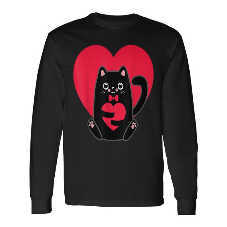 Black Cat Heart Valentines Day Cute Kitten Kitty-Love V Day Long Sleeve T-Shirt