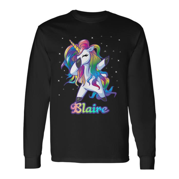 Blaire Name Personalized Custom Rainbow Unicorn Dabbing Men Women Long Sleeve T-Shirt T-shirt Graphic Print