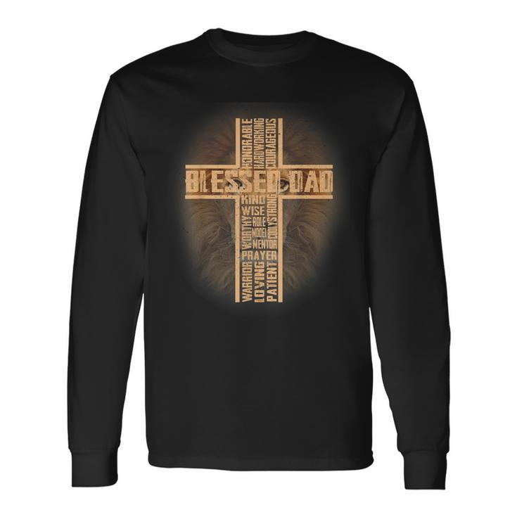 Blessed Dad Lion Christian Cross Fathers Day Papa Husband Long Sleeve T-Shirt